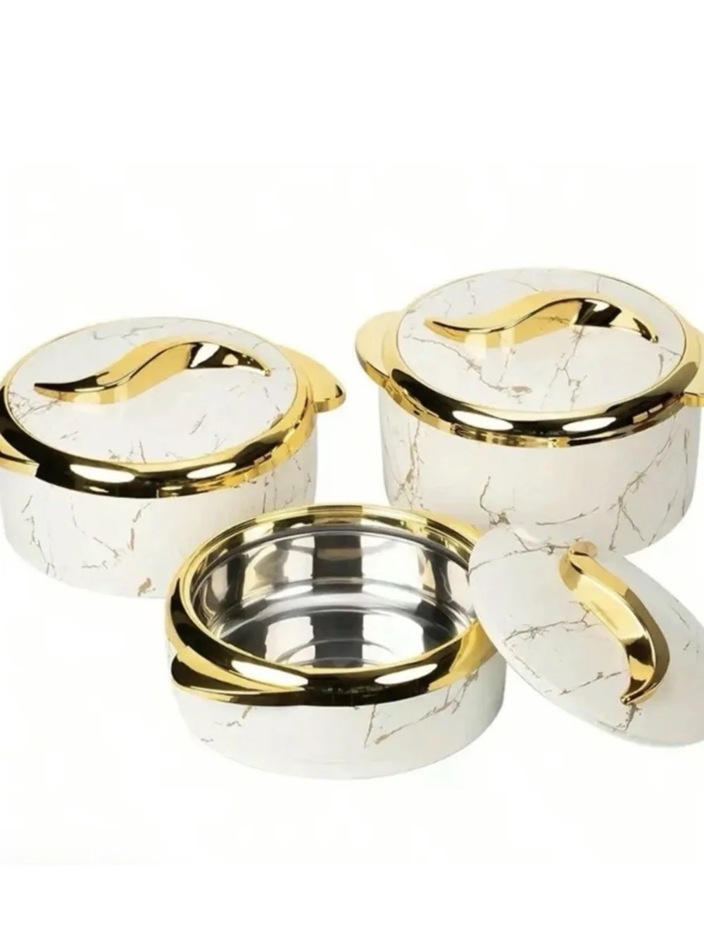 3Pcs Golden Touch Insulated Stainless-Steel Food Warmer - Marble Blue & White